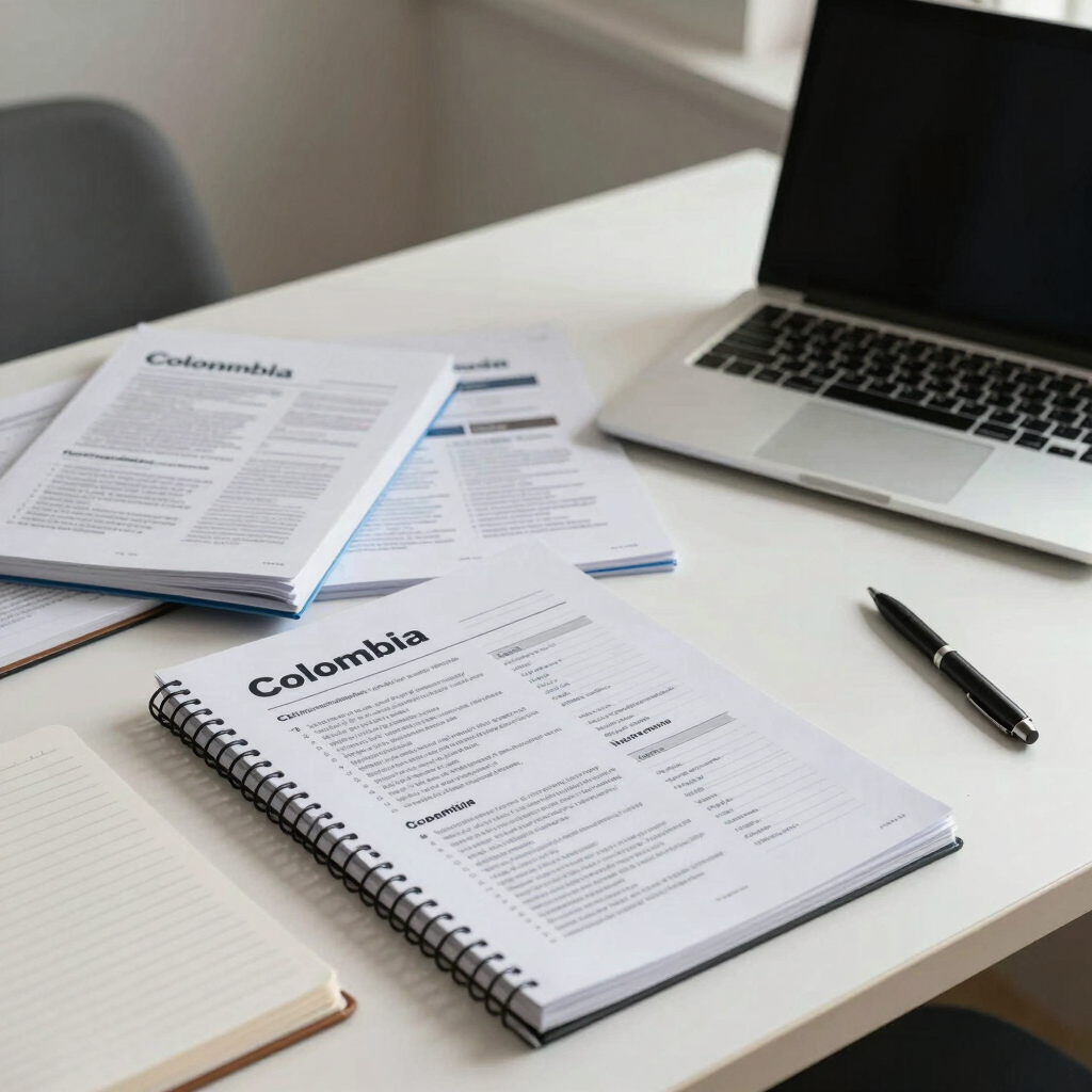 A workspace with multiple printed study guides, a laptop, and a notebook, arranged neatly in a bright room in Colombia.