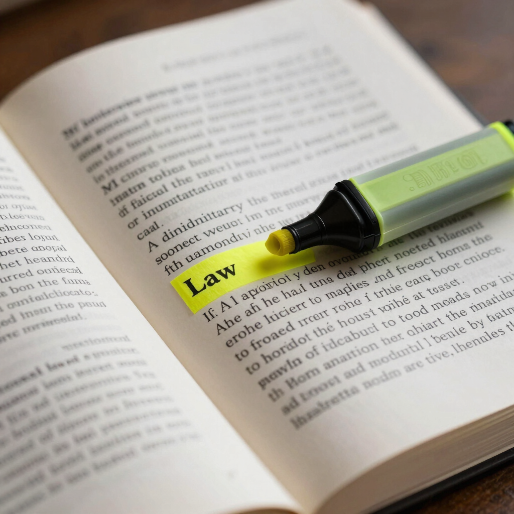 Macro shot of an open legal book with a yellow highlighter, focusing on text related to administrative law, soft indoor lighting.
