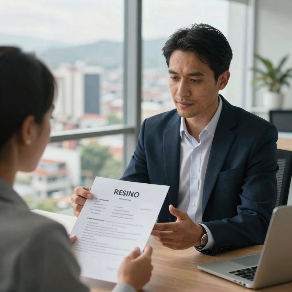 A consultant in professional attire reviewing a resume with a candidate in a modern office with views of a Colombian cityscape.