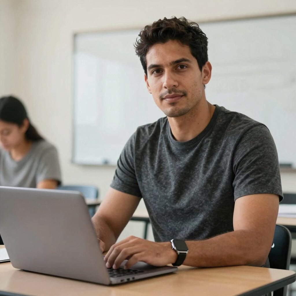 Professional portrait of a male South American instructor in a clean, well-lit classroom setting with a laptop, looking encouragingly towards the camera.