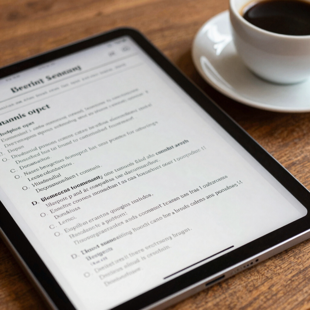 Close-up photography of a tablet displaying a complex multiple-choice questionnaire with a cup of Colombian coffee on a wooden desk.