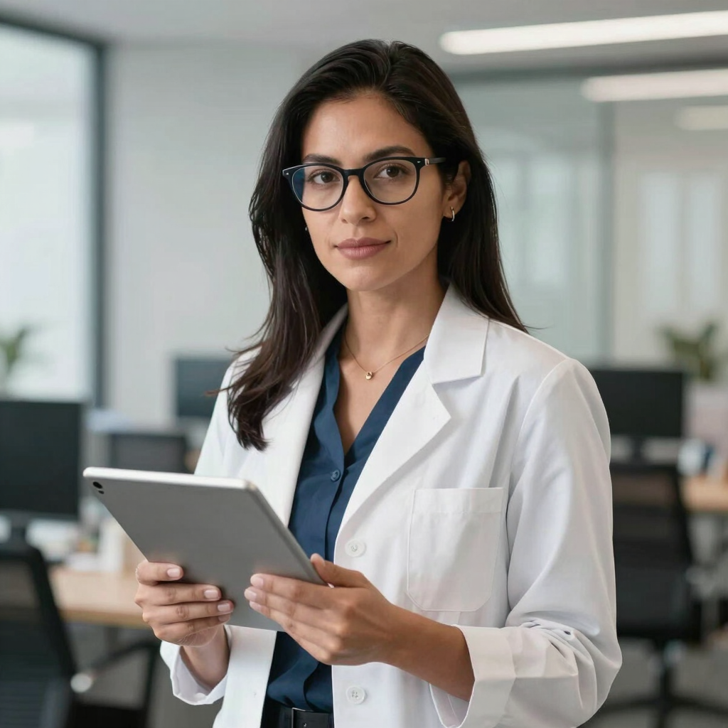 Professional portrait of a female South American specialist with glasses, holding a tablet and looking professional in a clean, contemporary office environment.