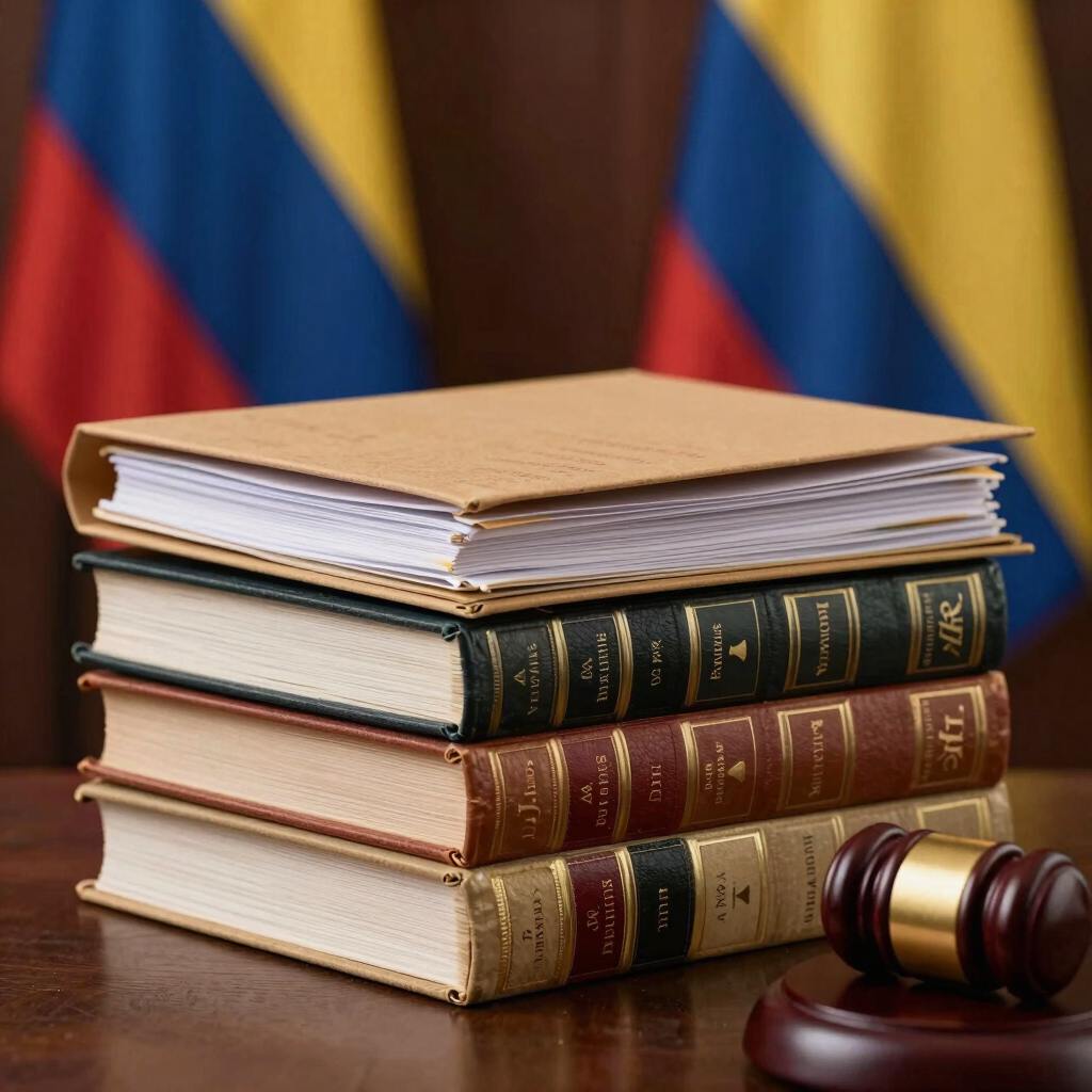 A professional set of physical folders and bound law books with Colombian flags in the background, symbolizing legal and state knowledge.