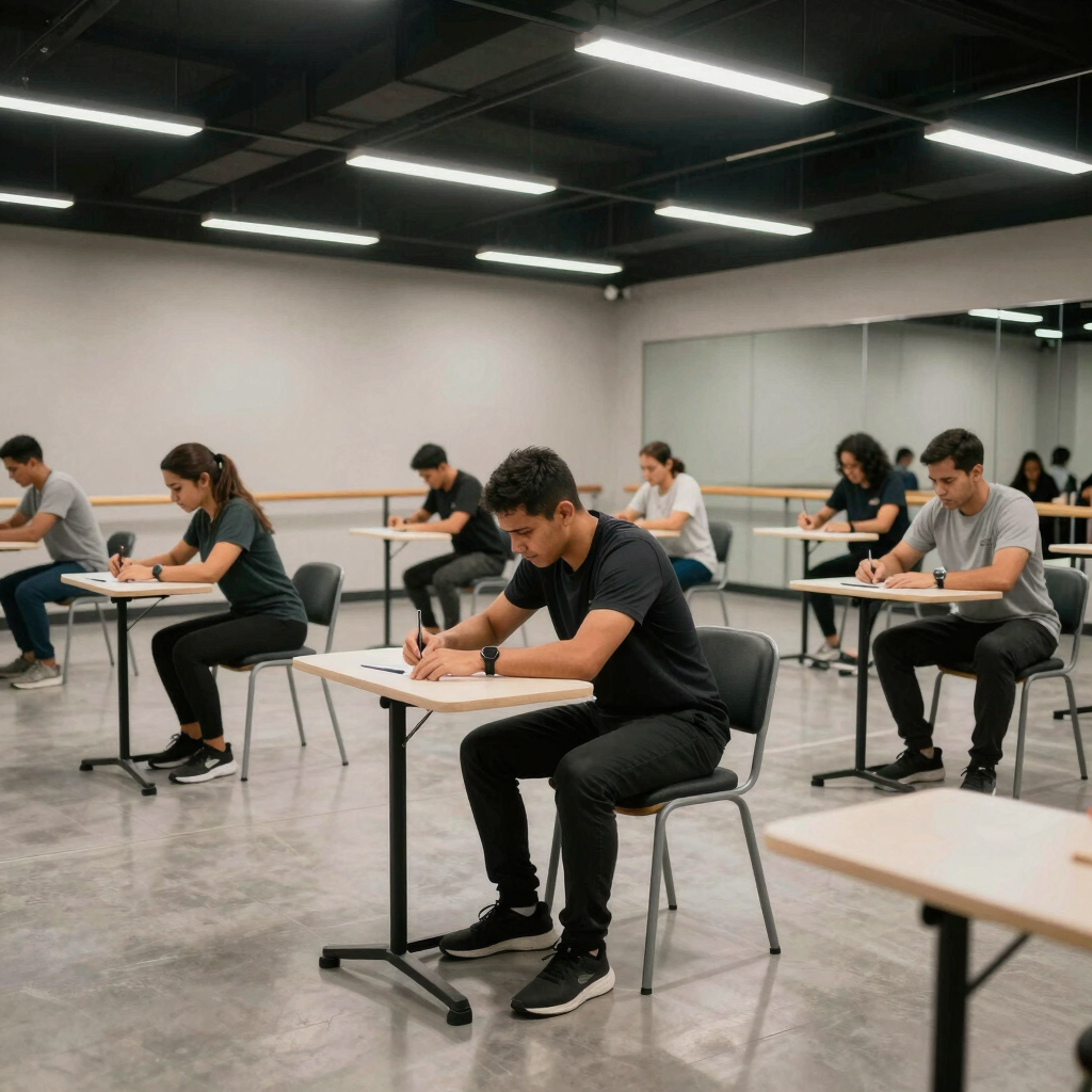 A wide shot of a modern training room in Colombia where a group of professionals is engaged in a mock examination process, neutral colors.