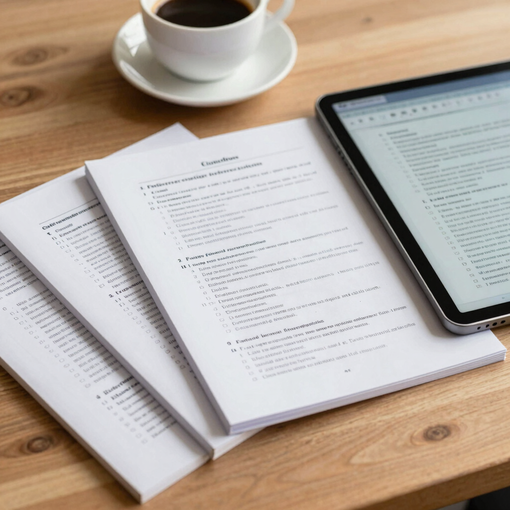 Close-up of high-quality printed study guides and a digital tablet showing a mock exam interface on a clean wooden desk, with a cup of Colombian coffee in the background.