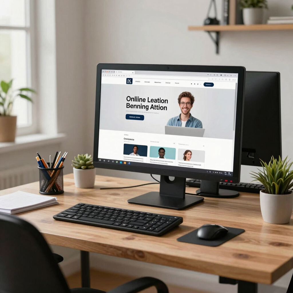 A professional desk setup in a Colombian home office with a computer screen displaying an online learning platform, bright and organized workspace.