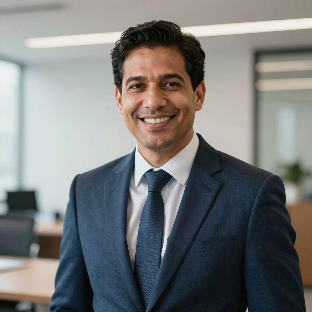 Professional portrait of a male South American consultant in business attire, smiling warmly in a bright, modern Colombian office setting with soft focus background.