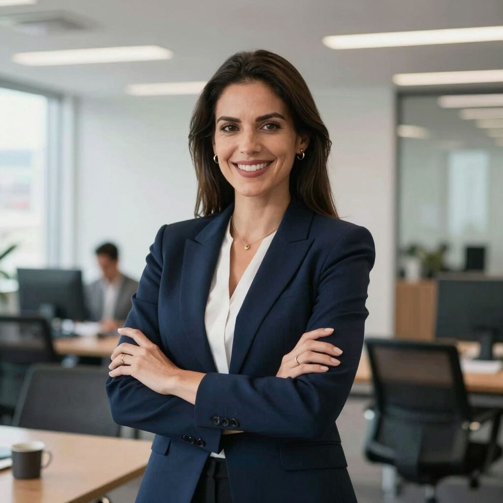 Professional portrait of a female South American executive in a tailored navy blazer, smiling confidently in a modern bright office in Bogotá, Colombia.