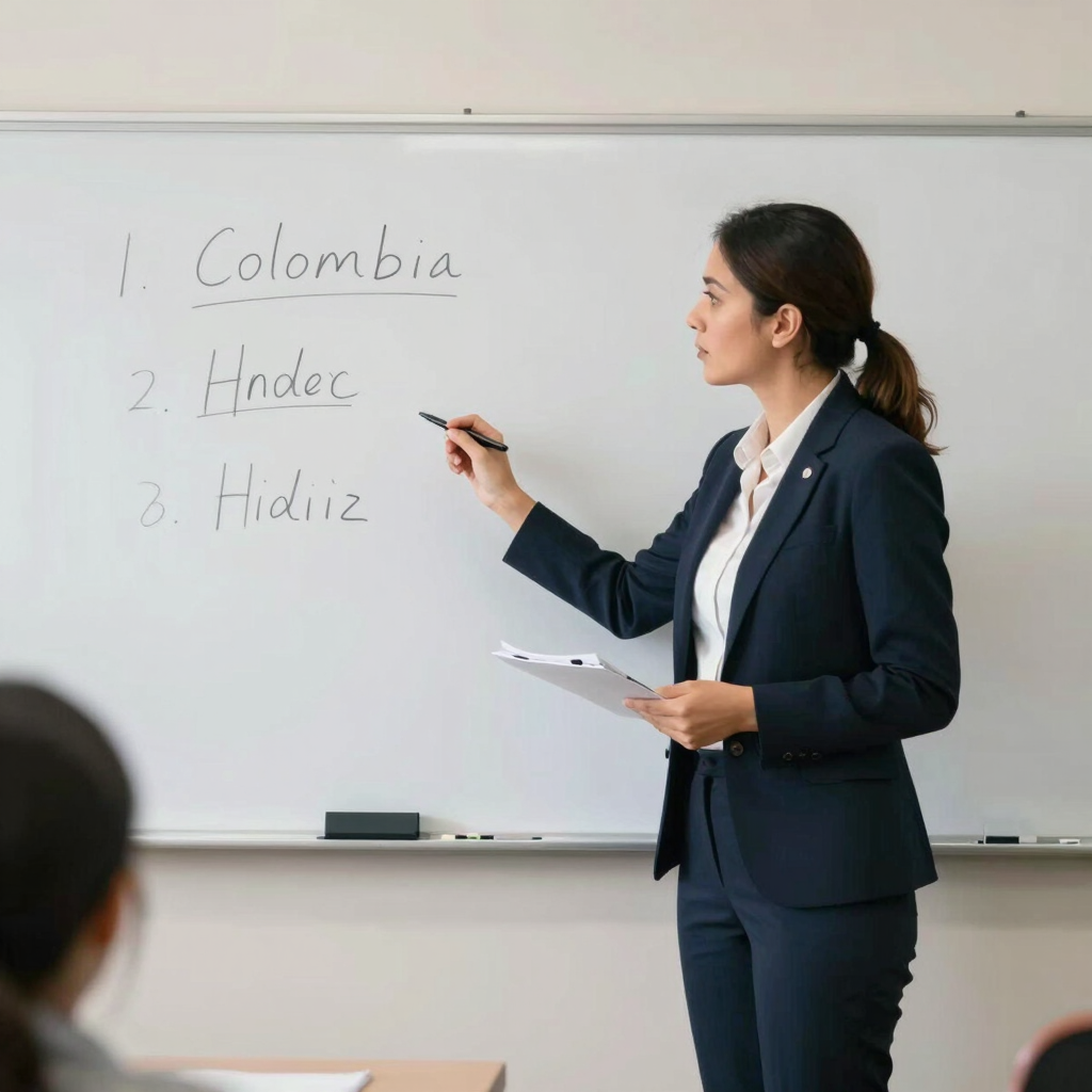 A teacher in professional attire standing in a modern classroom setting in Colombia, explaining concepts on a white board, captured in a crisp, clean style.